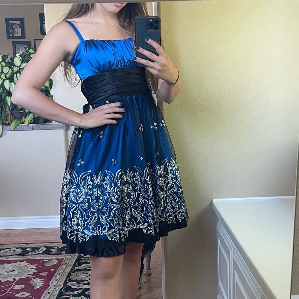 Blue formal dress with glitter bottom